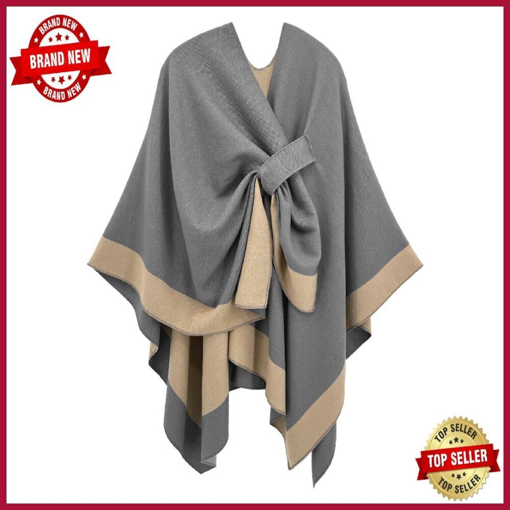 Reversible Cashmere-Like Shawl Wrap 61" Long Open Front Poncho Cape